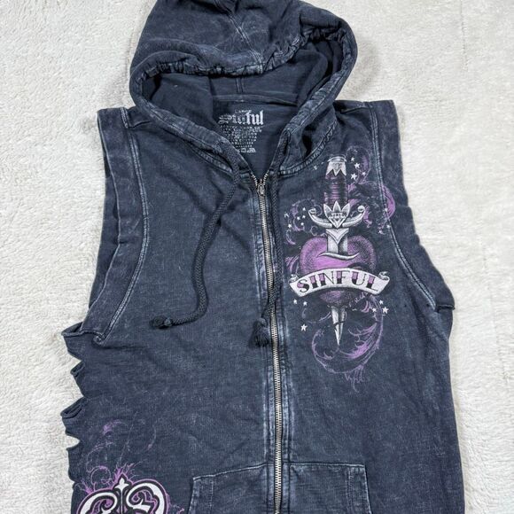 Vintage Y2K Sinful Affliction Women’s Zip Up Cut Out Rhinestone Angel Wing Vest - Picture 2 of 6